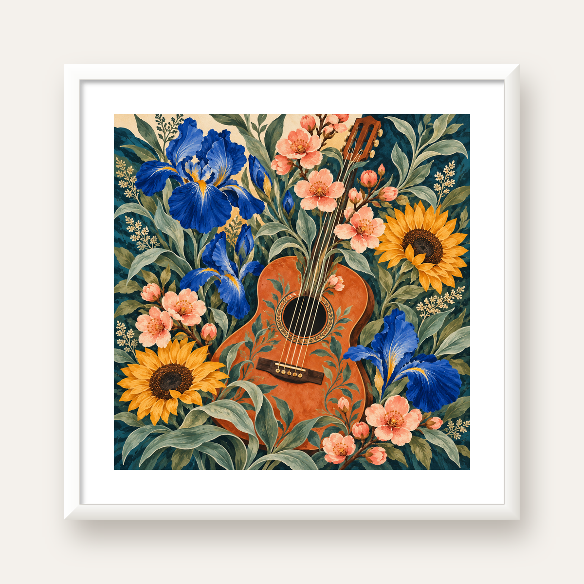 Suluboya Çiçekler Arasında Klasik Gitar Poster Baskı — beyaz çerçeveli kare poster