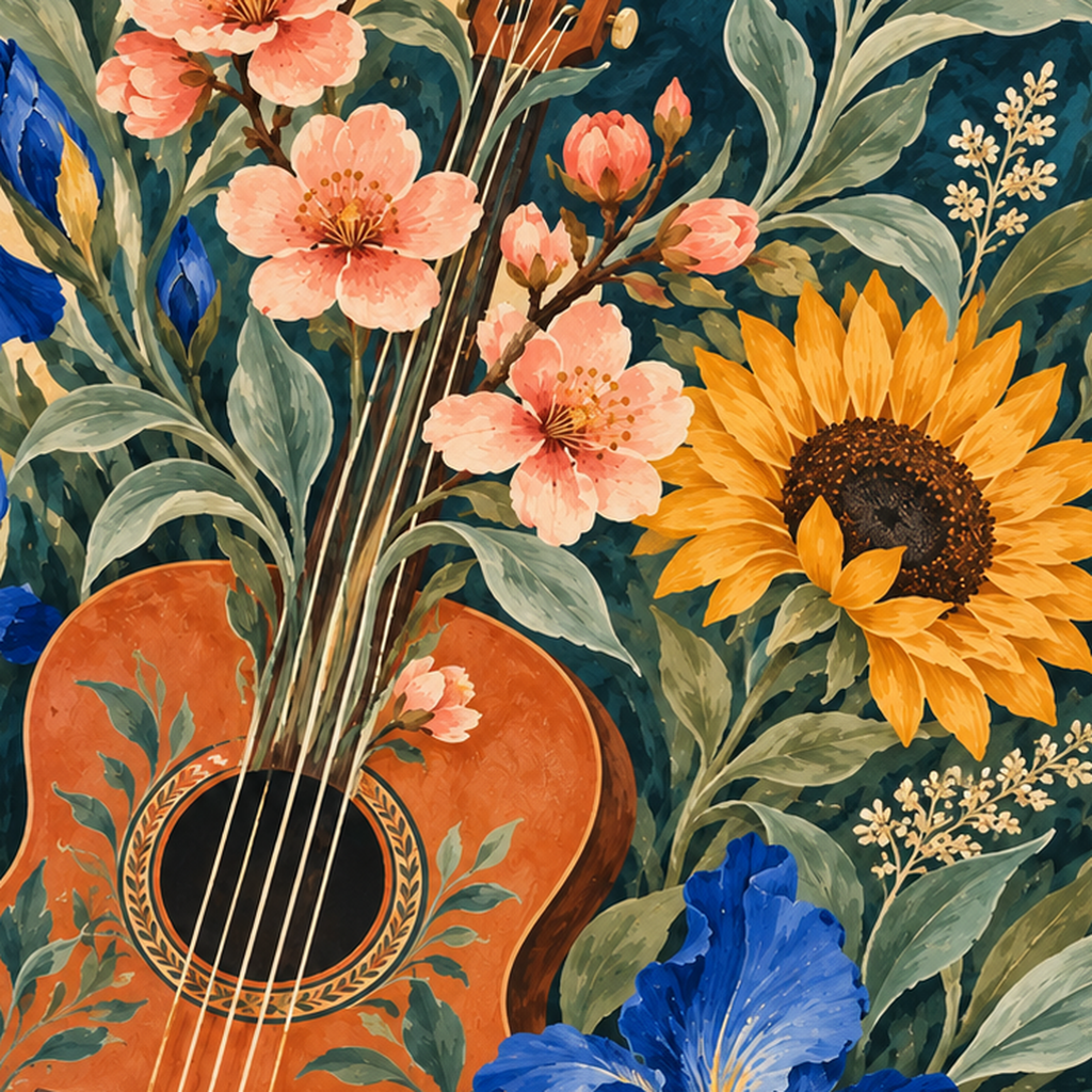 Suluboya Çiçekler Arasında Klasik Gitar Poster Baskı — baskının yakın çekimi, kâğıt dokusu ve renk detayı