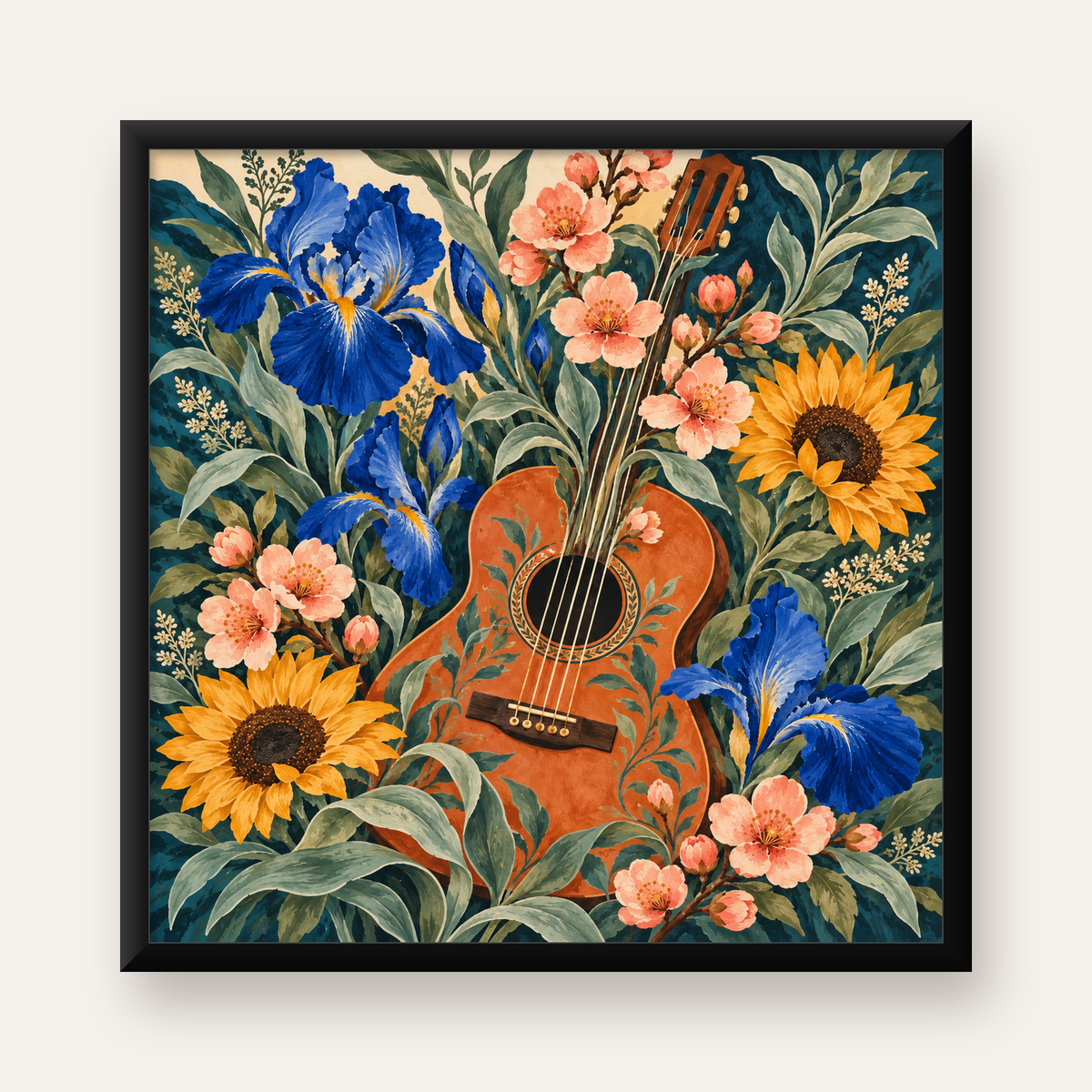Suluboya Çiçekler Arasında Klasik Gitar Poster Baskı — Kare baskı, düz siyah çerçeveli duvar posteri