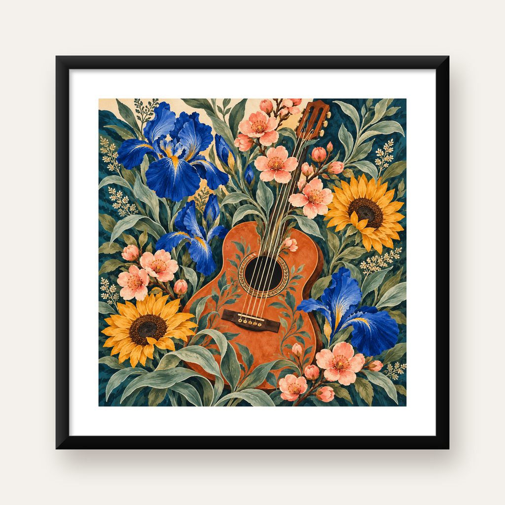 Suluboya Çiçekler Arasında Klasik Gitar Poster Baskı — Kare baskı, beyaz paspartulu