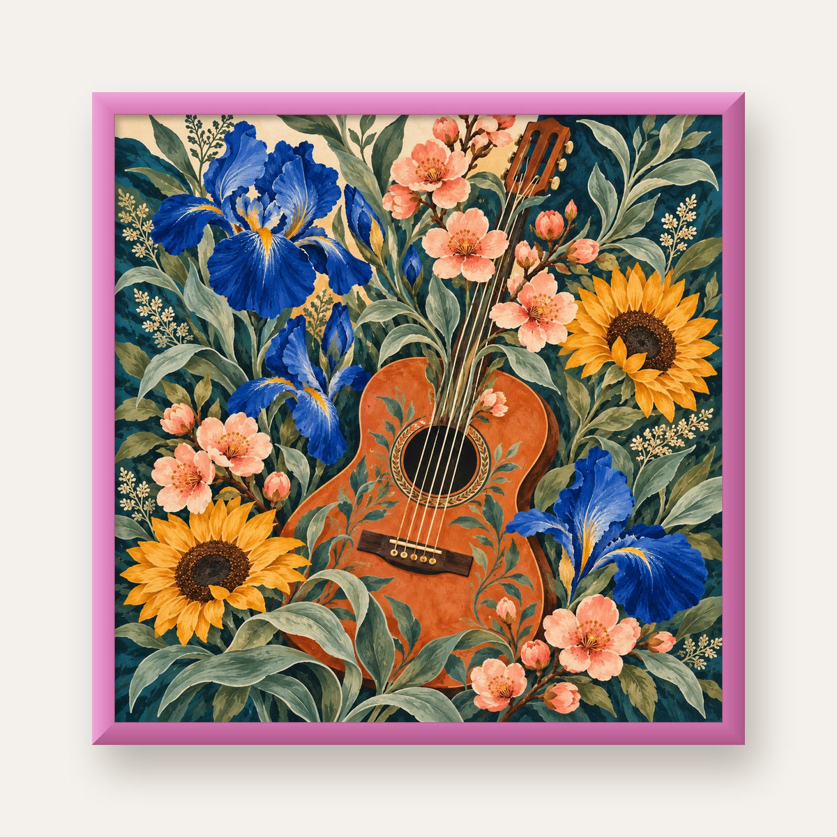 Suluboya Çiçekler Arasında Klasik Gitar Poster Baskı — pembe çerçeveli