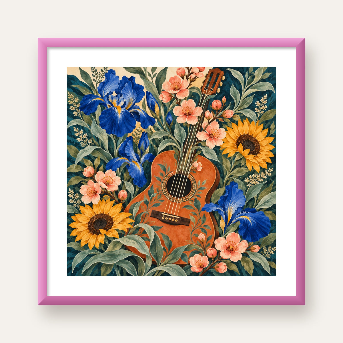 Suluboya Çiçekler Arasında Klasik Gitar Poster Baskı — pembe çerçeveli paspartulu