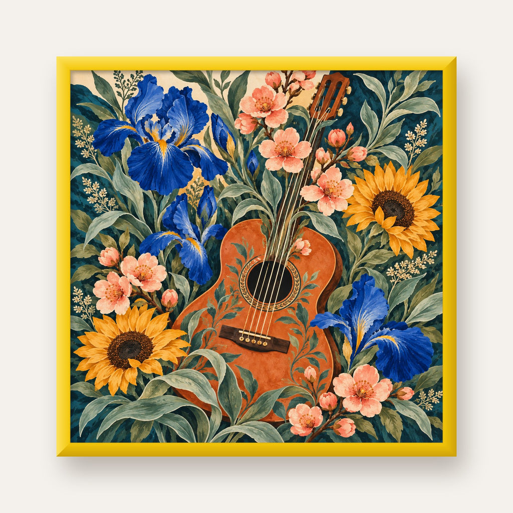 Suluboya Çiçekler Arasında Klasik Gitar Poster Baskı — sarı çerçeveli
