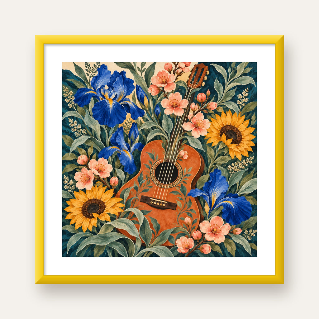 Suluboya Çiçekler Arasında Klasik Gitar Poster Baskı — sarı çerçeveli paspartulu
