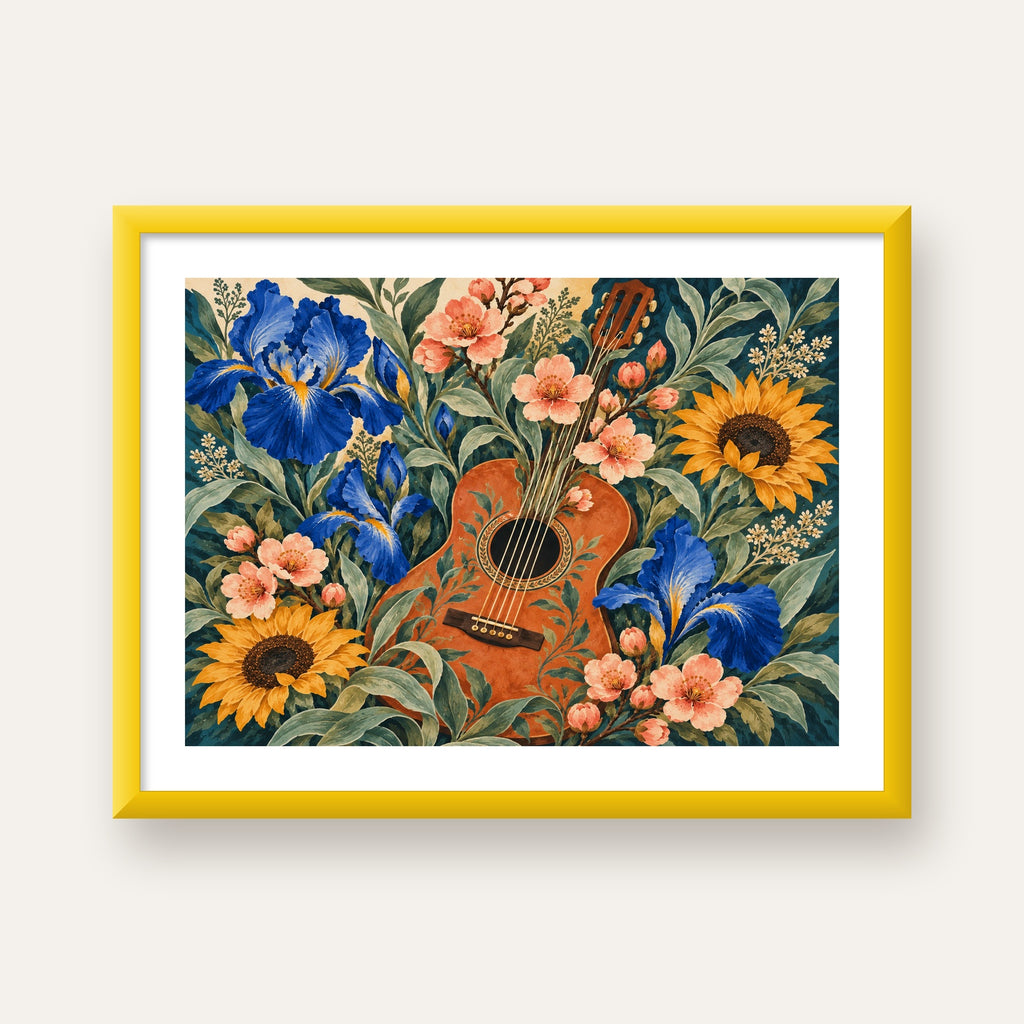 Suluboya Çiçekler Arasında Klasik Gitar Poster Baskı — sarı çerçeveli paspartulu