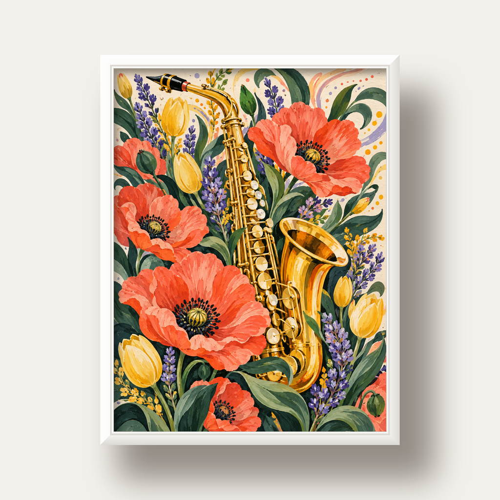 Saksafon ve Çiçekler Suluboya Poster – Renkli Sanat Baskısı — beyaz derin çerçeveli