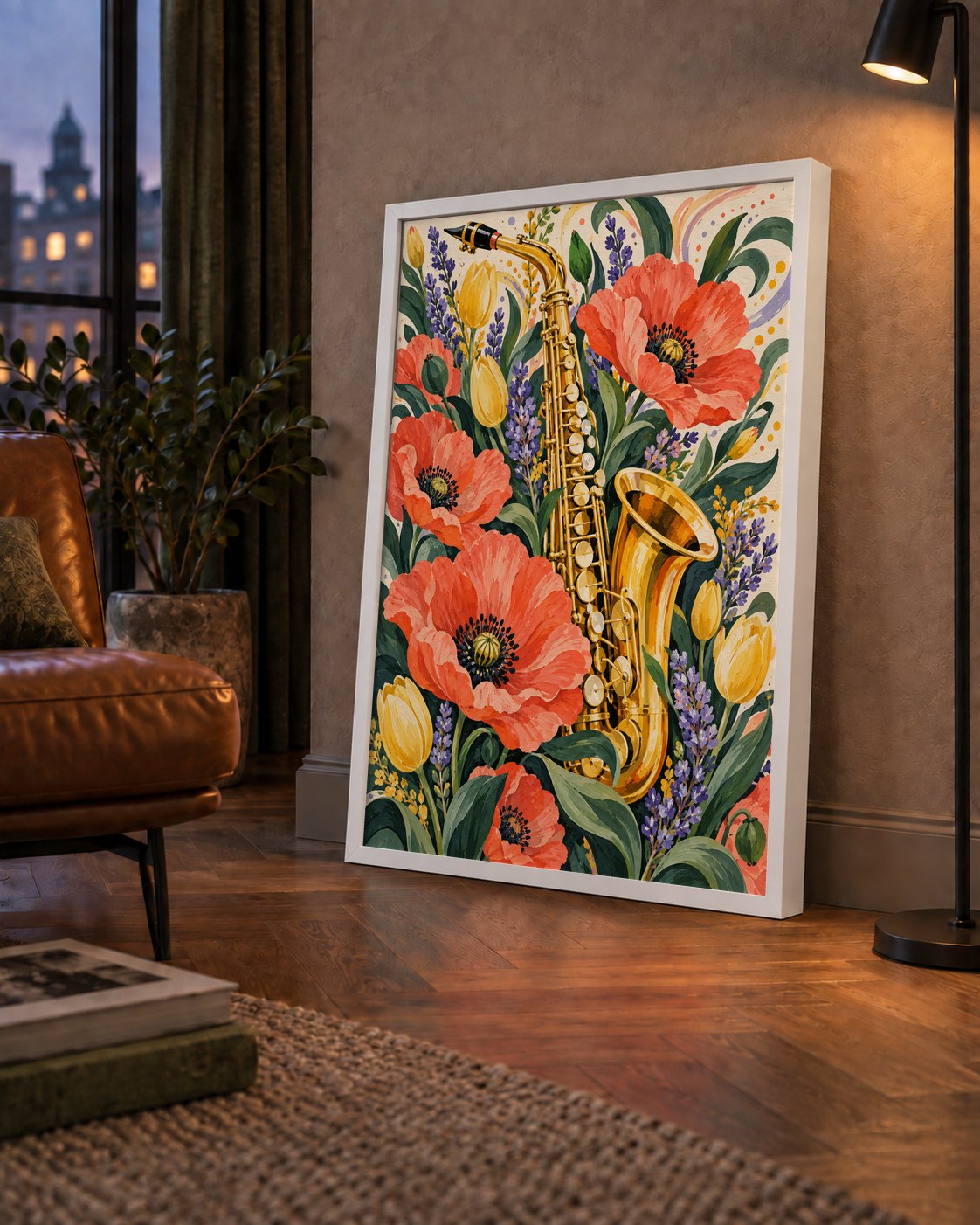 Saksafon ve Çiçekler Suluboya Poster – Renkli Sanat Baskısı — çerçeveli hâliyle bir ev duvarında