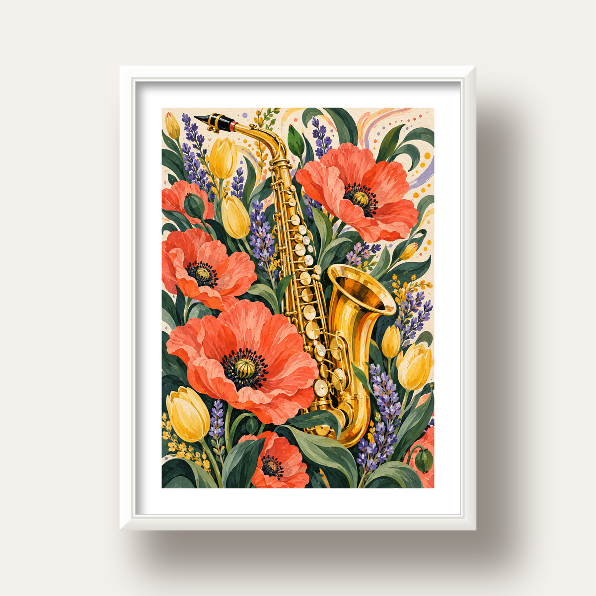 Saksafon ve Çiçekler Suluboya Poster – Renkli Sanat Baskısı — beyaz derin çerçeveli paspartulu