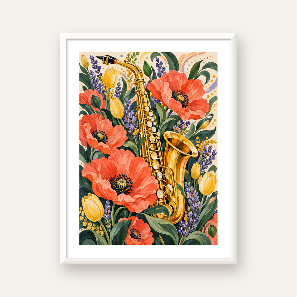 Saksafon ve Çiçekler Suluboya Poster – Renkli Sanat Baskısı — beyaz çerçeveli dikey poster
