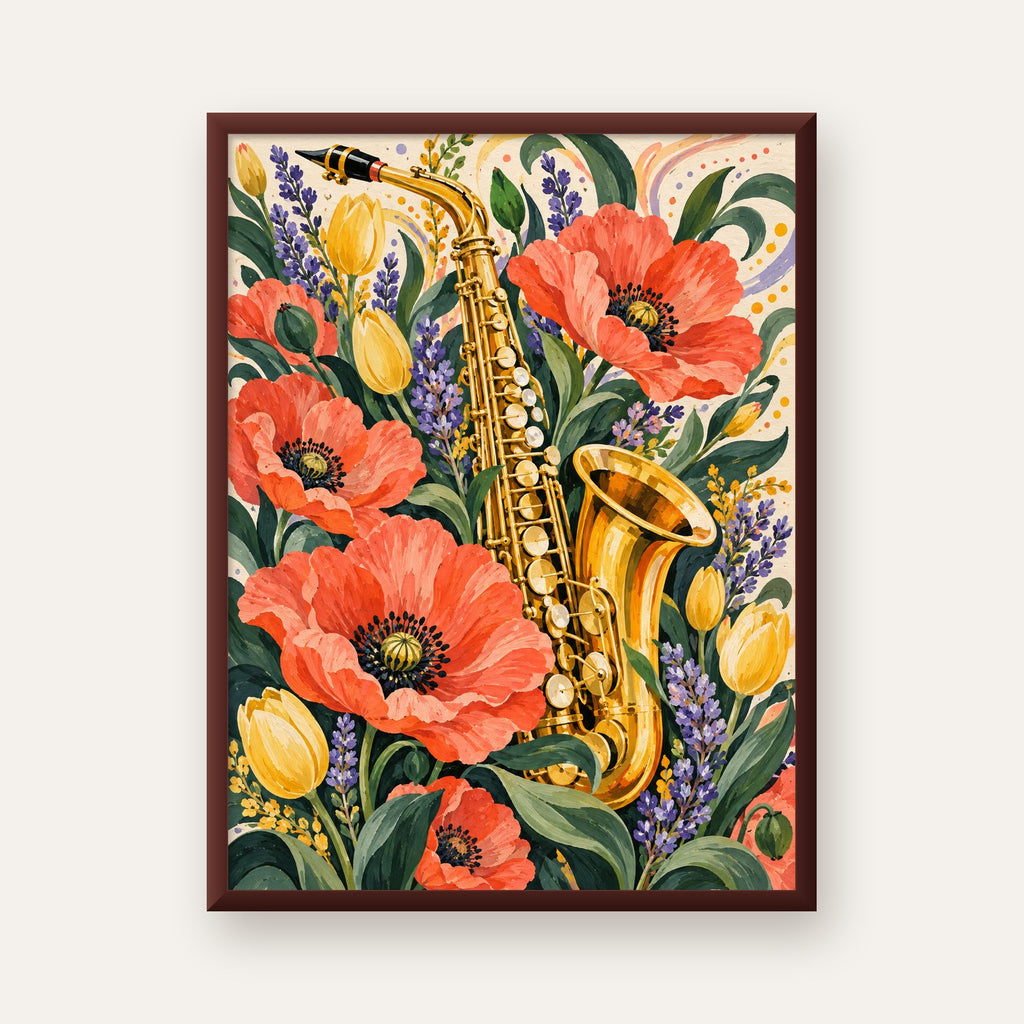 Saksafon ve Çiçekler Suluboya Poster – Renkli Sanat Baskısı — ceviz çerçeveli