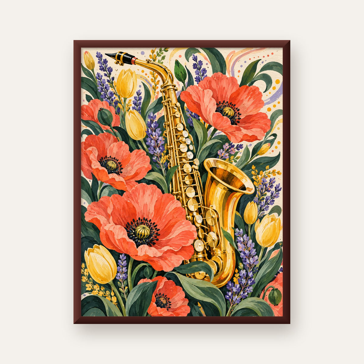 Saksafon ve Çiçekler Suluboya Poster – Renkli Sanat Baskısı — ceviz çerçeveli