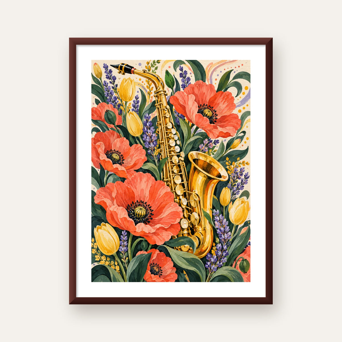 Saksafon ve Çiçekler Suluboya Poster – Renkli Sanat Baskısı — ceviz çerçeveli paspartulu