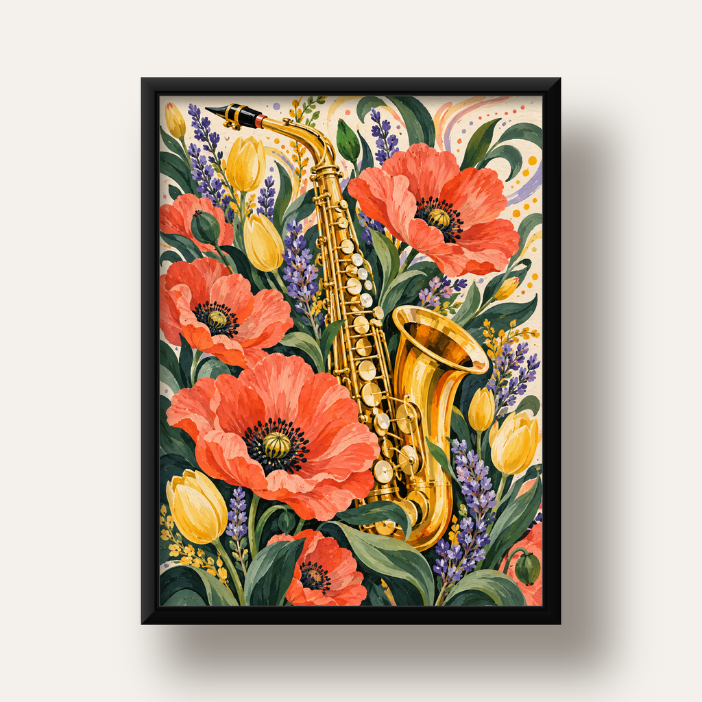 Saksafon ve Çiçekler Suluboya Poster – Renkli Sanat Baskısı — siyah derin çerçeveli