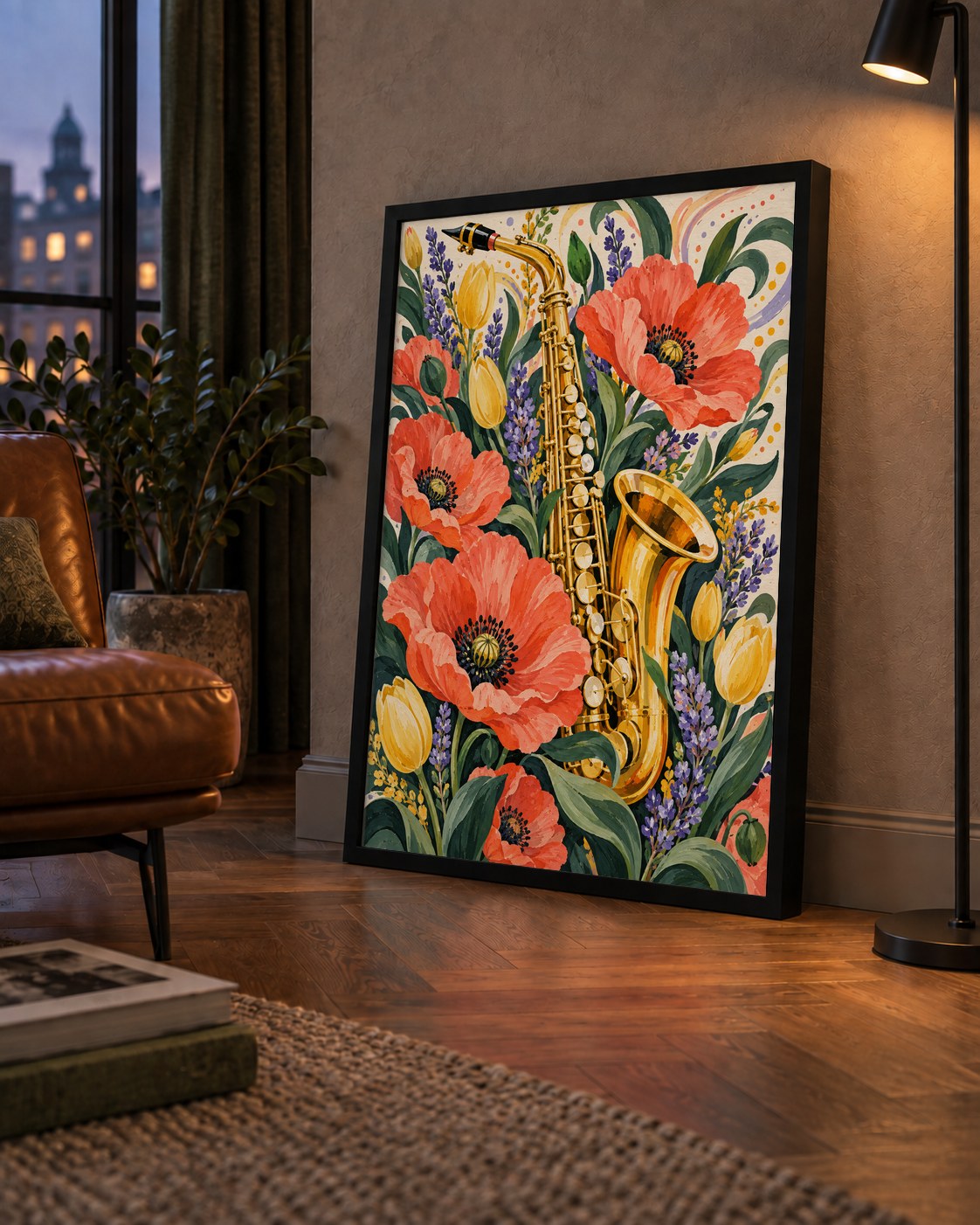 Saksafon ve Çiçekler Suluboya Poster – Renkli Sanat Baskısı — çerçeveli hâliyle bir ev duvarında