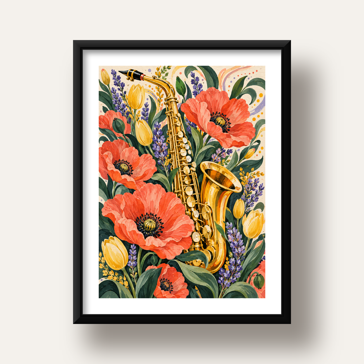 Saksafon ve Çiçekler Suluboya Poster – Renkli Sanat Baskısı — siyah derin çerçeveli paspartulu