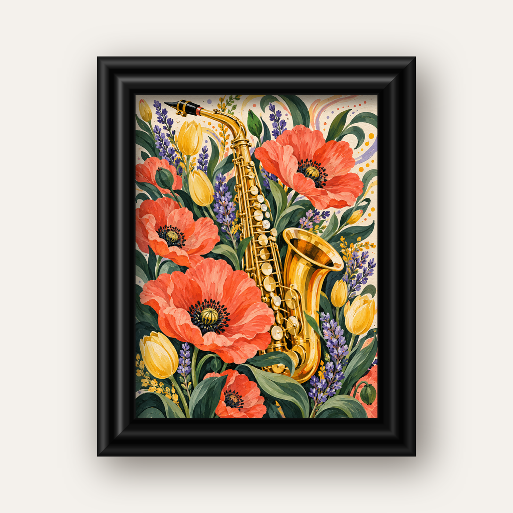 Saksafon ve Çiçekler Suluboya Poster – Renkli Sanat Baskısı — siyah galeri çerçeveli