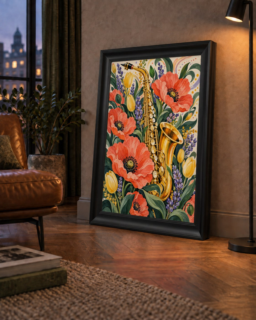 Saksafon ve Çiçekler Suluboya Poster – Renkli Sanat Baskısı — çerçeveli hâliyle bir ev duvarında