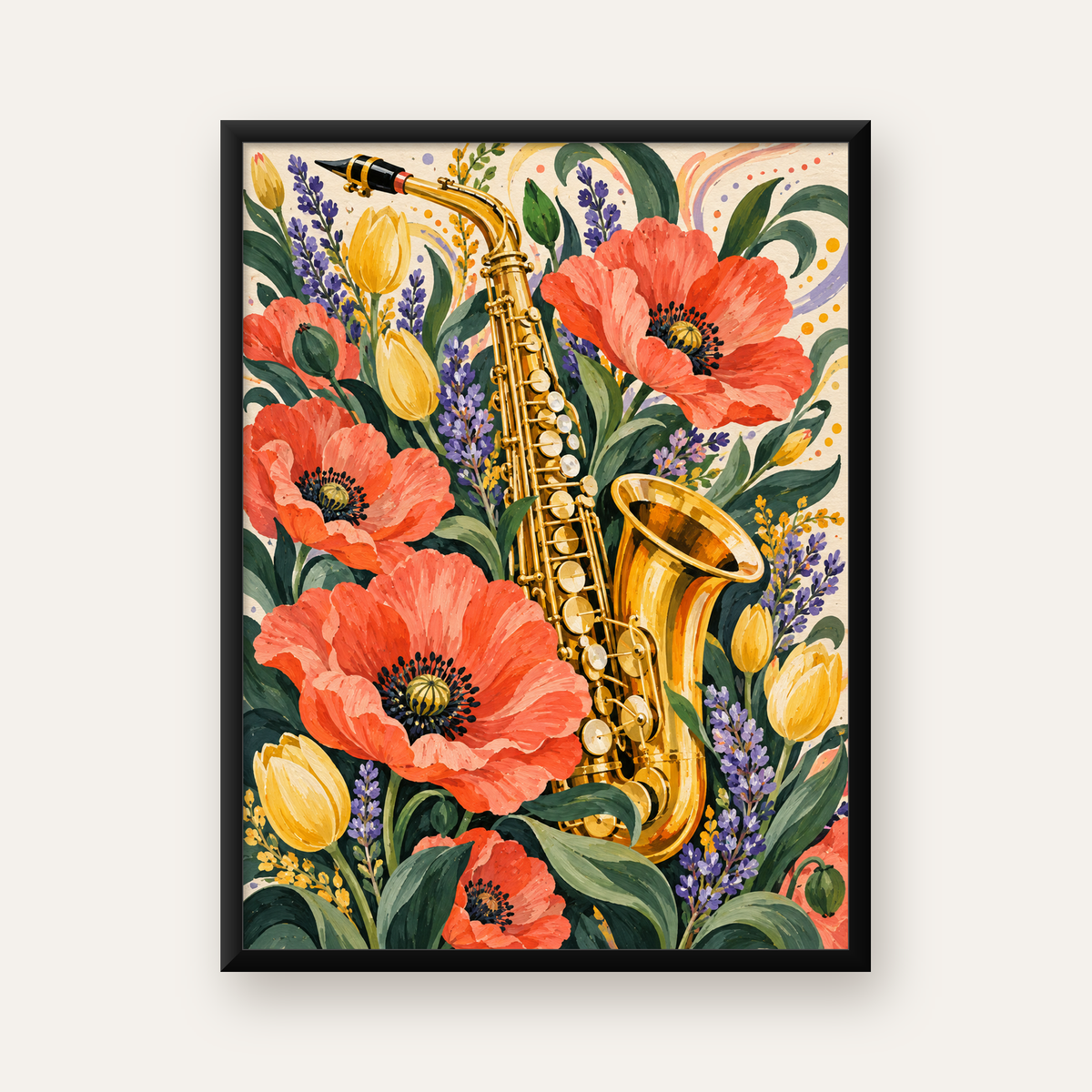 Saksafon ve Çiçekler Suluboya Poster – Renkli Sanat Baskısı — Dikey baskı, düz siyah çerçeveli duvar posteri