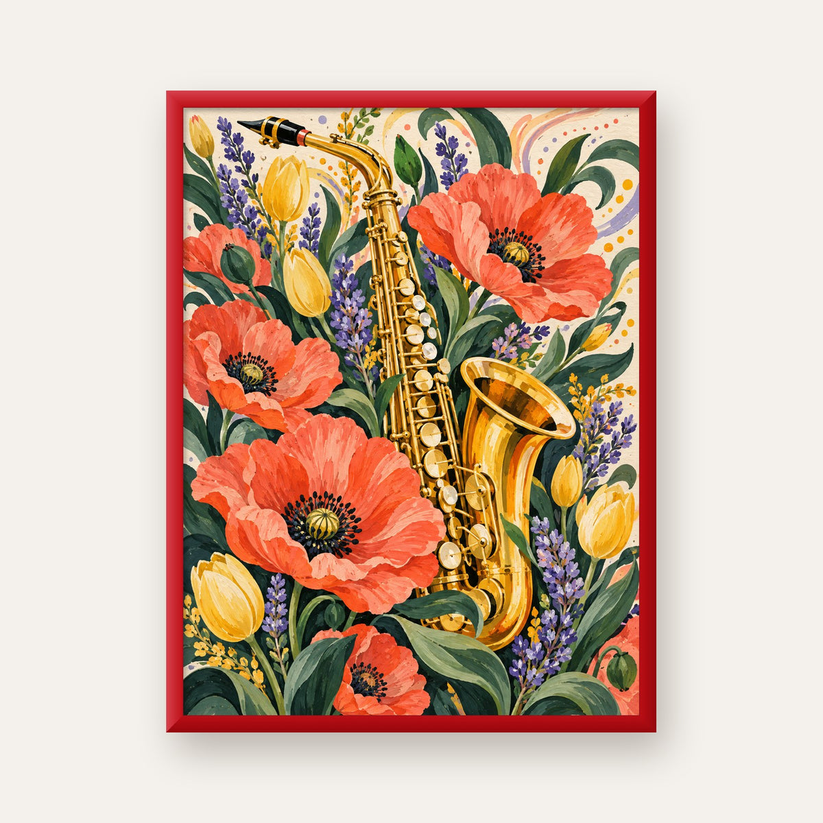 Saksafon ve Çiçekler Suluboya Poster – Renkli Sanat Baskısı — kırmızı çerçeveli