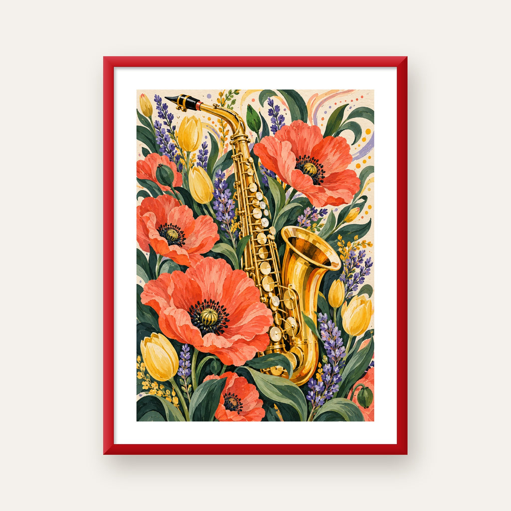 Saksafon ve Çiçekler Suluboya Poster – Renkli Sanat Baskısı — kırmızı çerçeveli paspartulu