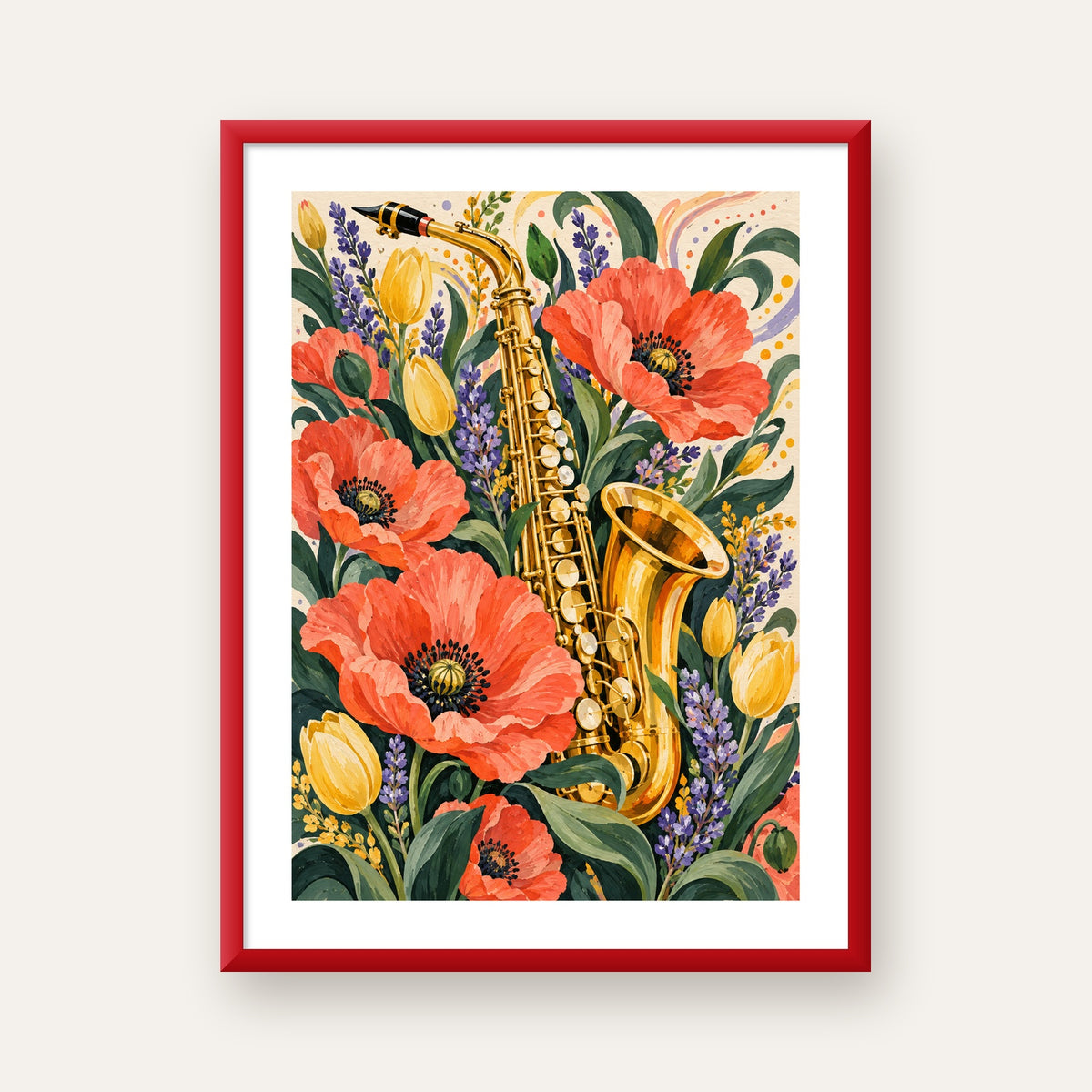 Saksafon ve Çiçekler Suluboya Poster – Renkli Sanat Baskısı — kırmızı çerçeveli paspartulu
