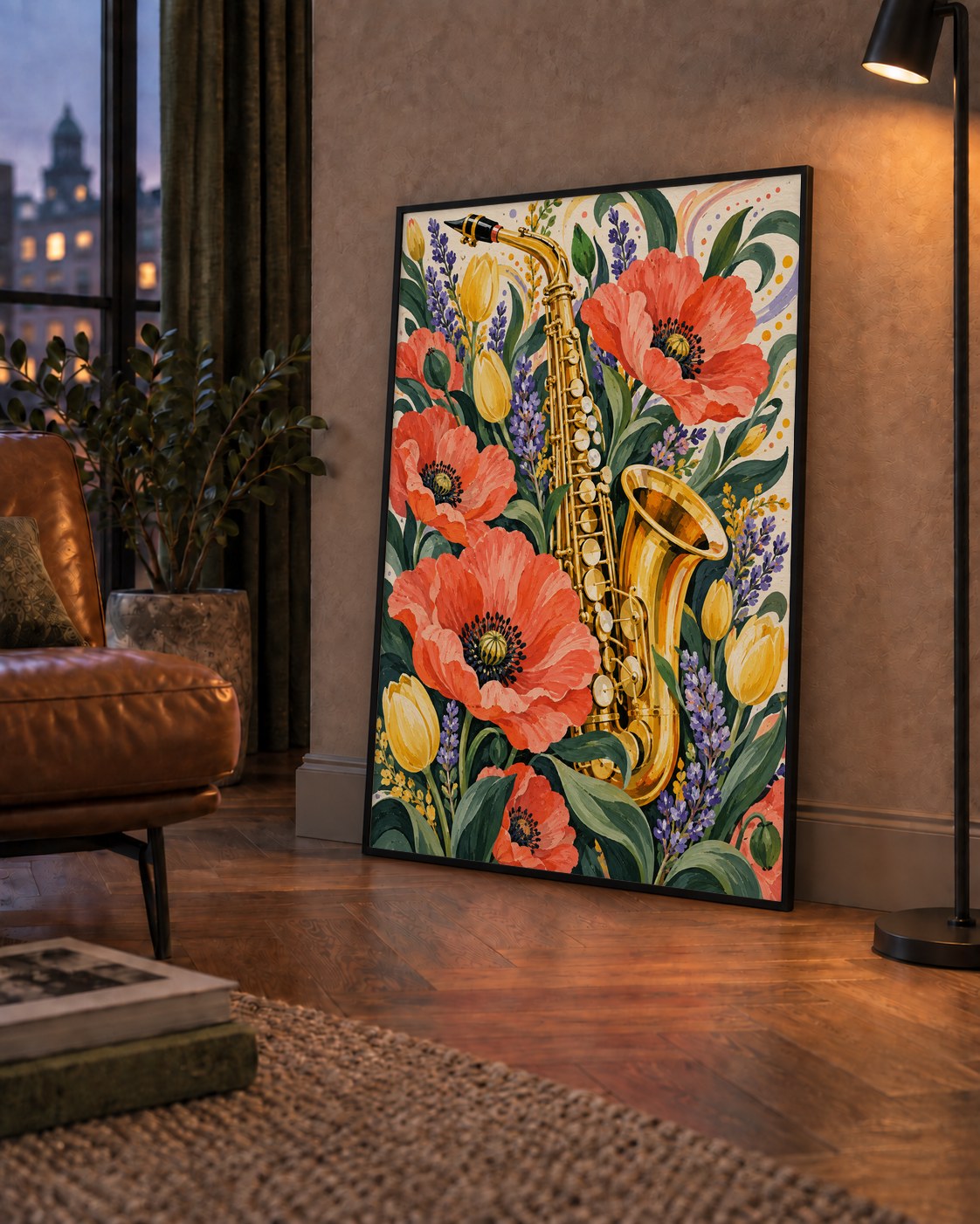 Saksafon ve Çiçekler Suluboya Poster – Renkli Sanat Baskısı — çerçeveli hâliyle bir ev duvarında