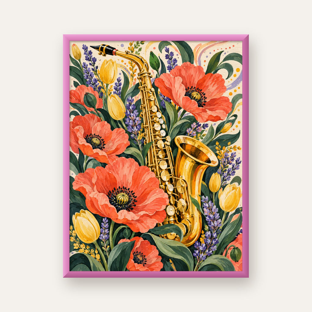 Saksafon ve Çiçekler Suluboya Poster – Renkli Sanat Baskısı — pembe çerçeveli