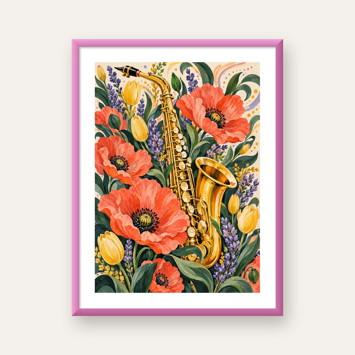 Saksafon ve Çiçekler Suluboya Poster – Renkli Sanat Baskısı — pembe çerçeveli paspartulu