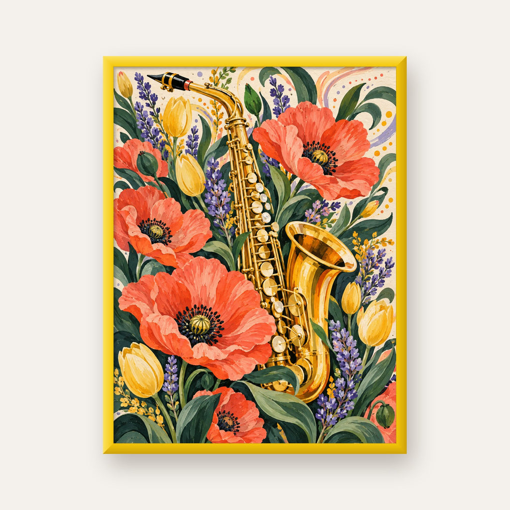 Saksafon ve Çiçekler Suluboya Poster – Renkli Sanat Baskısı — sarı çerçeveli