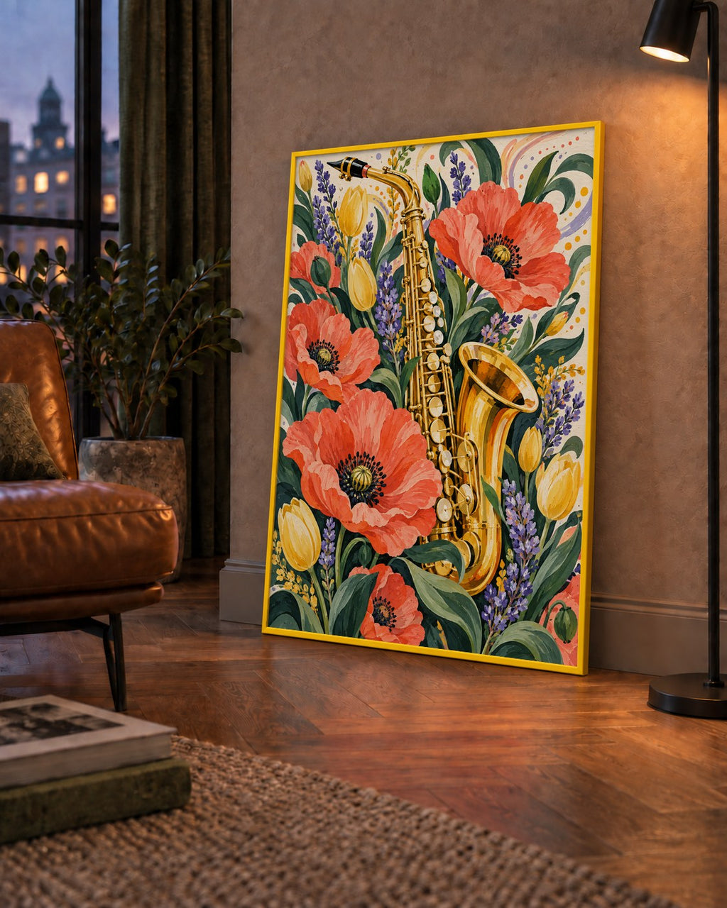 Saksafon ve Çiçekler Suluboya Poster – Renkli Sanat Baskısı — çerçeveli hâliyle bir ev duvarında