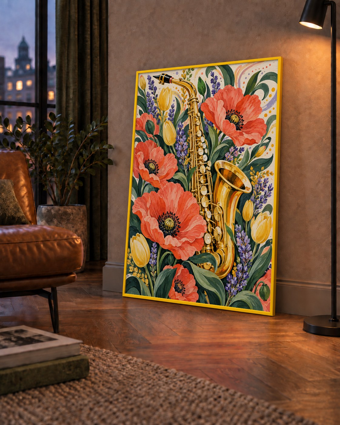 Saksafon ve Çiçekler Suluboya Poster – Renkli Sanat Baskısı — çerçeveli hâliyle bir ev duvarında