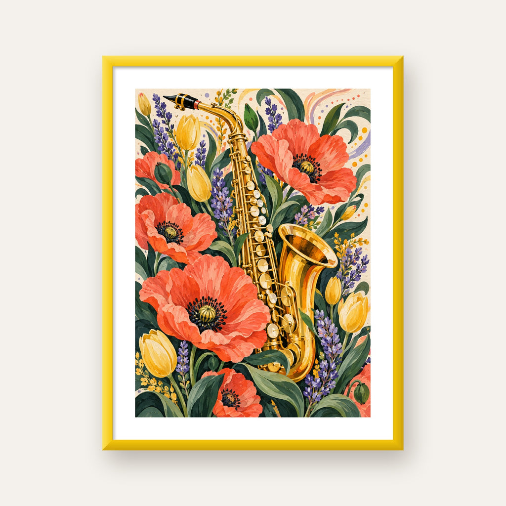 Saksafon ve Çiçekler Suluboya Poster – Renkli Sanat Baskısı — sarı çerçeveli paspartulu