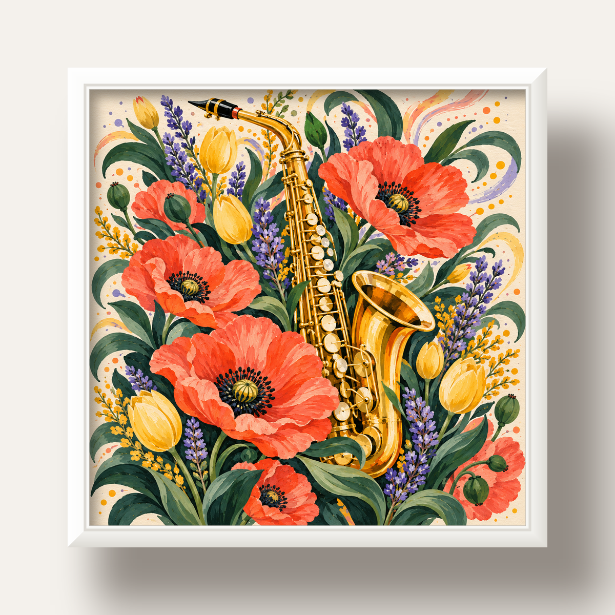 Saksafon ve Çiçekler Suluboya Poster – Renkli Sanat Baskısı — beyaz derin çerçeveli