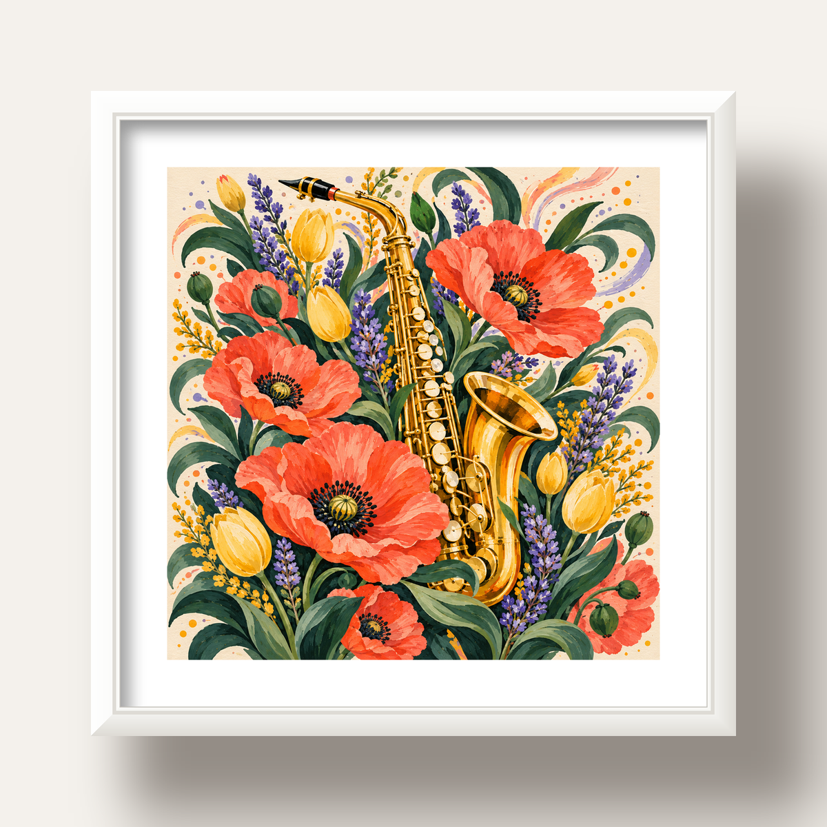 Saksafon ve Çiçekler Suluboya Poster – Renkli Sanat Baskısı — beyaz derin çerçeveli paspartulu