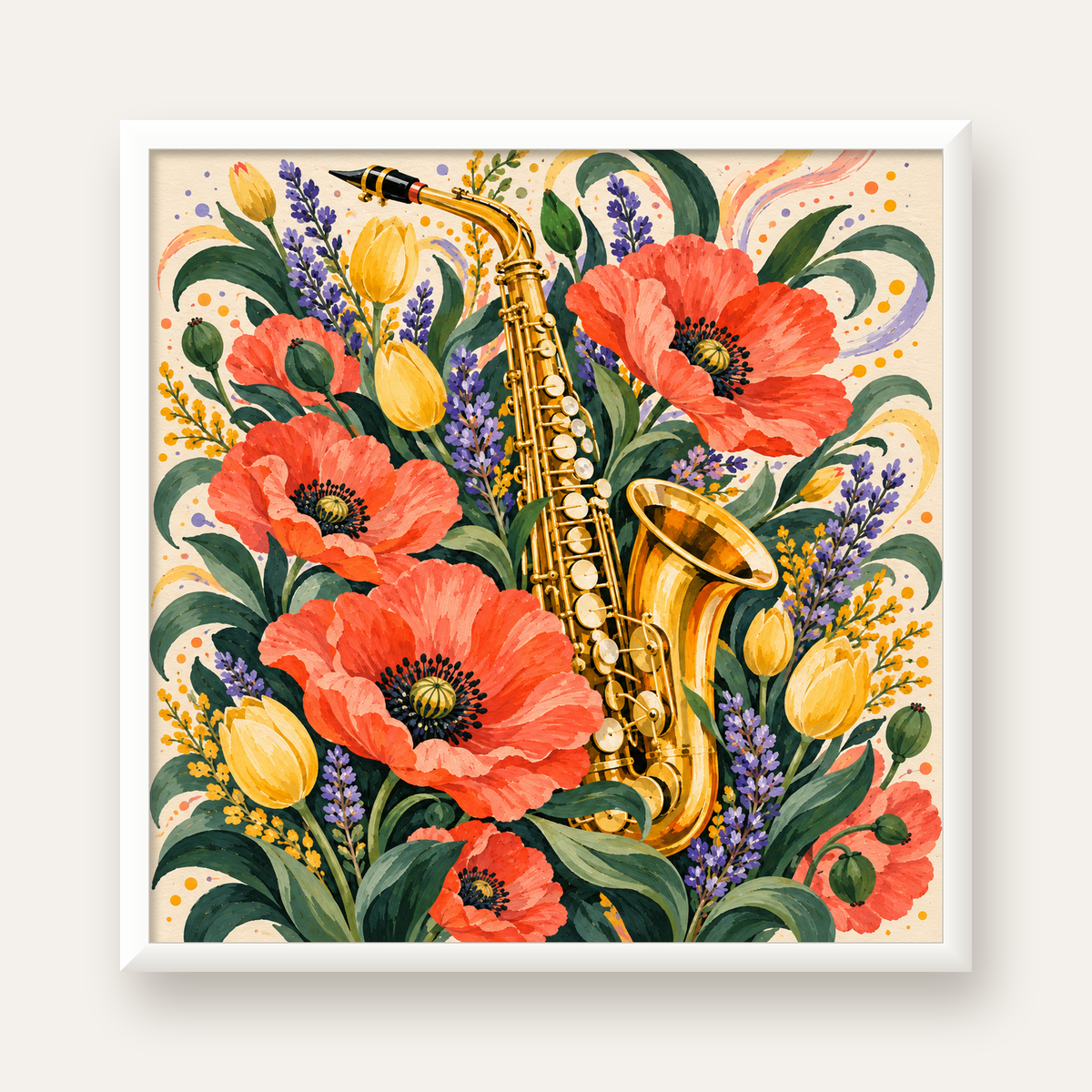 Saksafon ve Çiçekler Suluboya Poster – Renkli Sanat Baskısı — beyaz çerçeveli kare poster