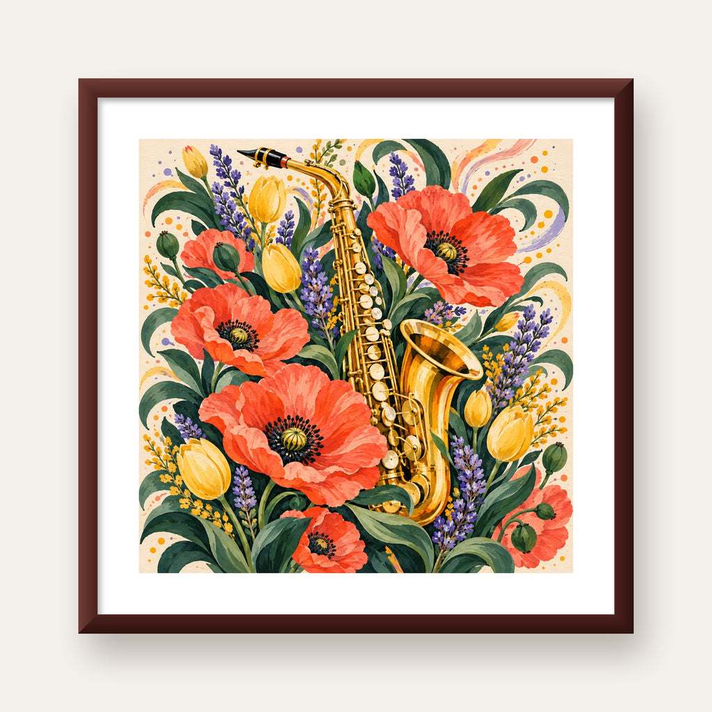 Saksafon ve Çiçekler Suluboya Poster – Renkli Sanat Baskısı — ceviz çerçeveli paspartulu