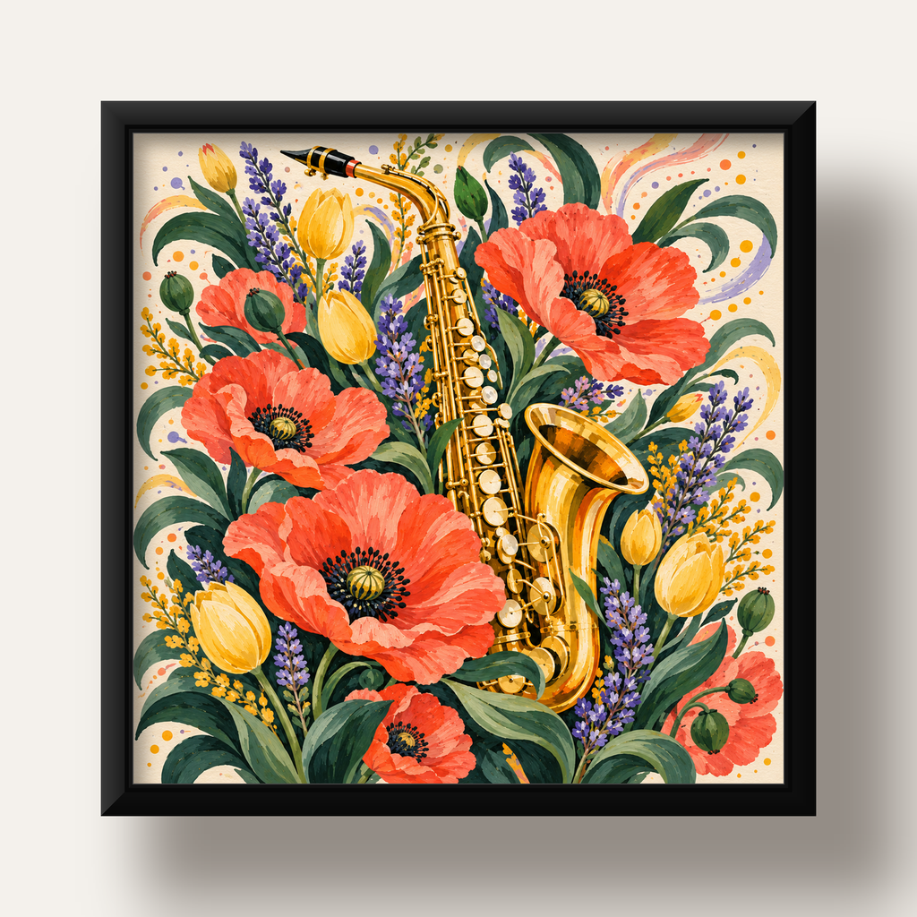 Saksafon ve Çiçekler Suluboya Poster – Renkli Sanat Baskısı — siyah derin çerçeveli