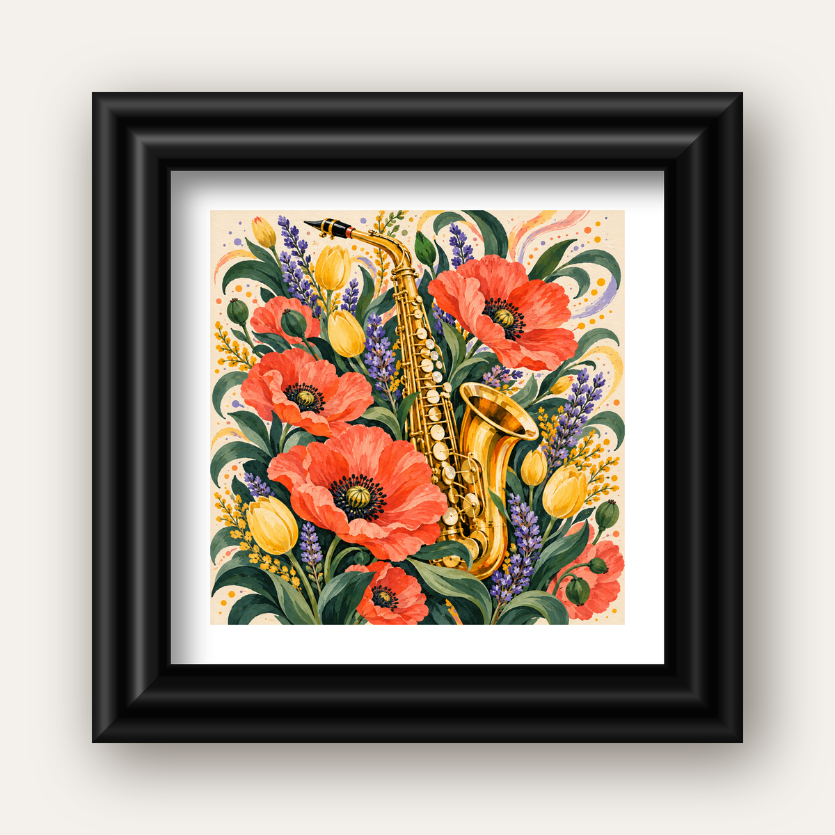 Saksafon ve Çiçekler Suluboya Poster – Renkli Sanat Baskısı — siyah galeri çerçeveli paspartulu
