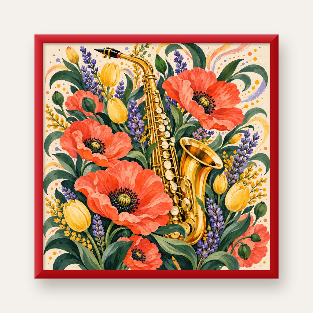 Saksafon ve Çiçekler Suluboya Poster – Renkli Sanat Baskısı — kırmızı çerçeveli