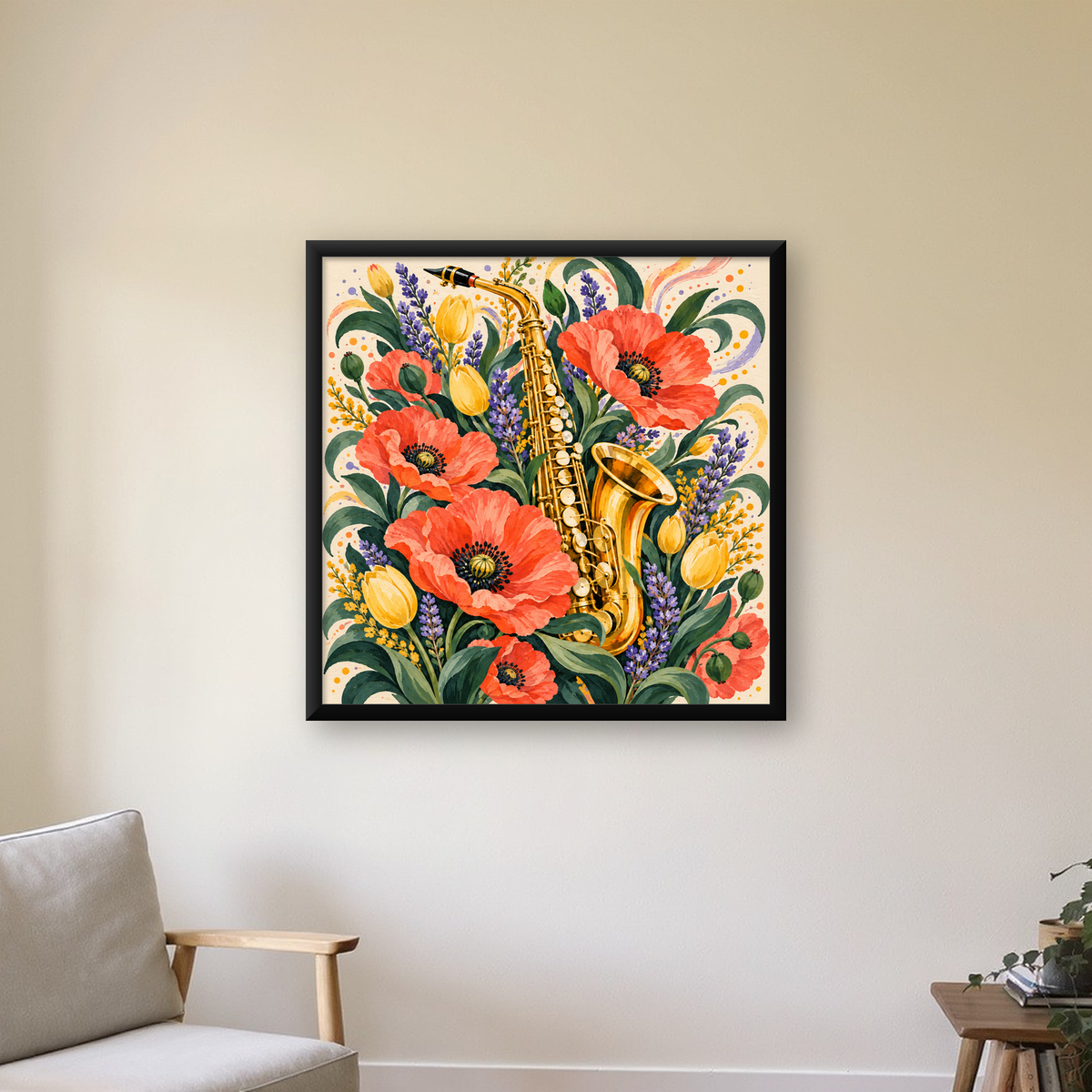 Saksafon ve Çiçekler Suluboya Poster – Renkli Sanat Baskısı — Kare baskı, çerçeveli hâliyle bir ev duvarında
