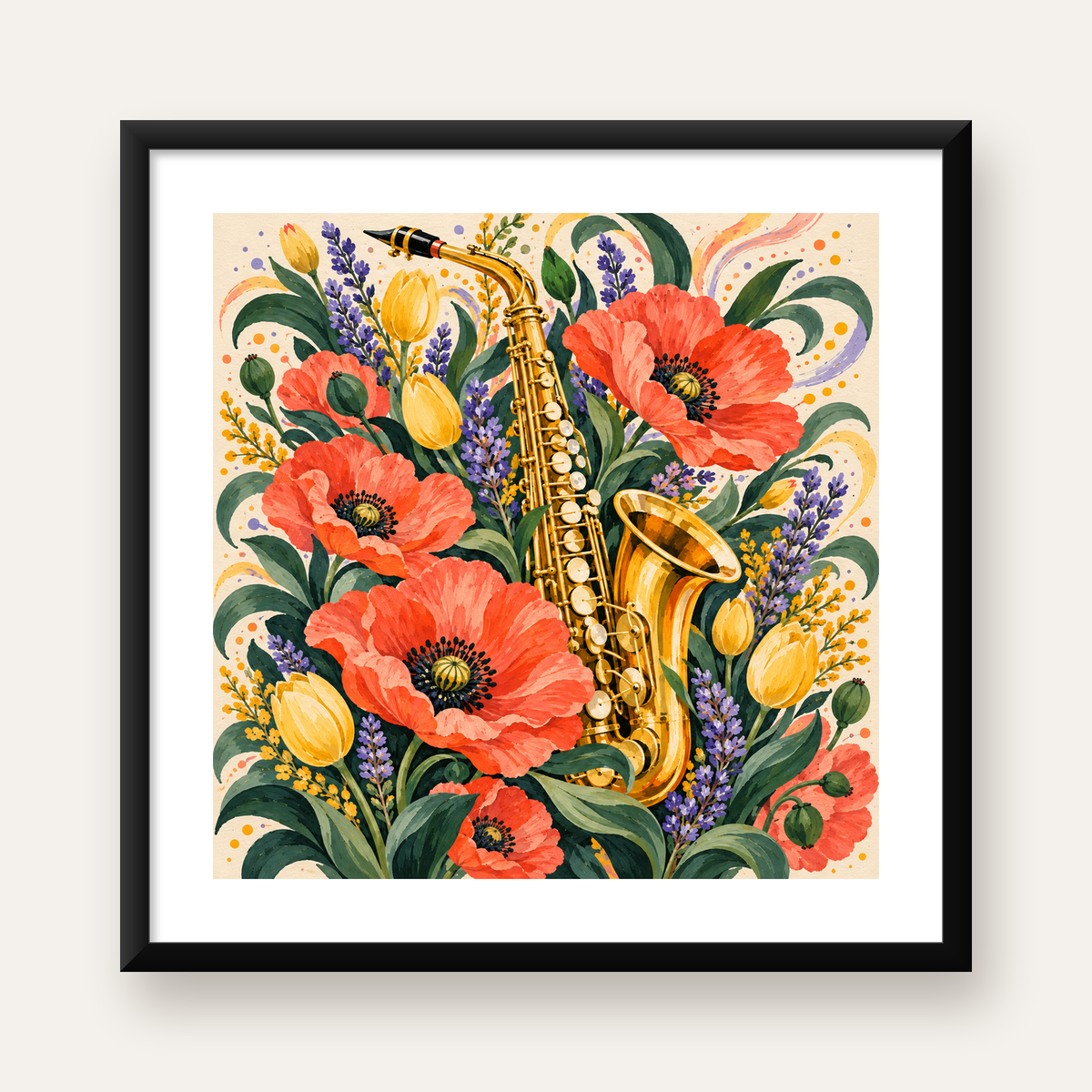 Saksafon ve Çiçekler Suluboya Poster – Renkli Sanat Baskısı — Kare baskı, beyaz paspartulu