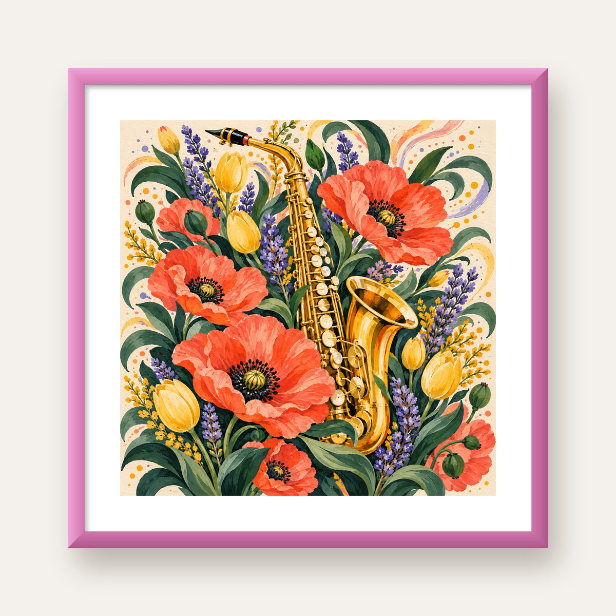 Saksafon ve Çiçekler Suluboya Poster – Renkli Sanat Baskısı — pembe çerçeveli paspartulu