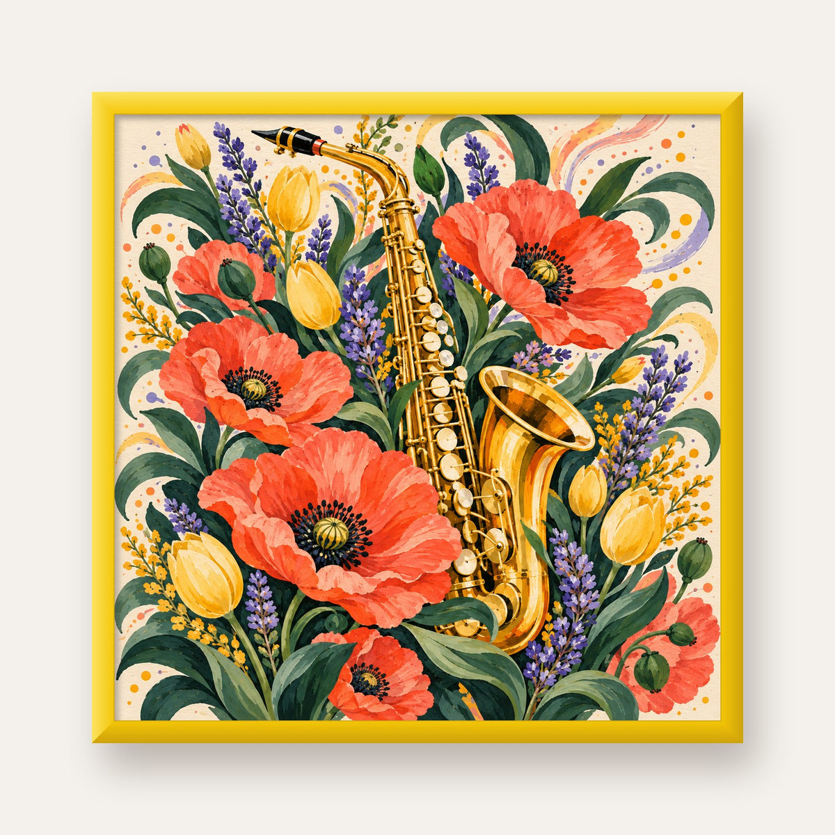 Saksafon ve Çiçekler Suluboya Poster – Renkli Sanat Baskısı — sarı çerçeveli