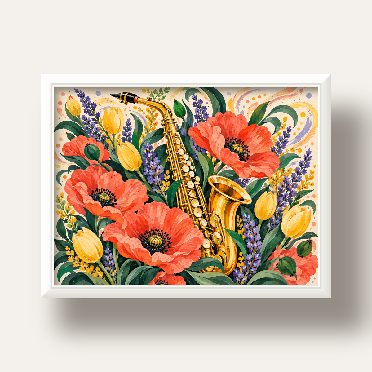 Saksafon ve Çiçekler Suluboya Poster – Renkli Sanat Baskısı — beyaz derin çerçeveli