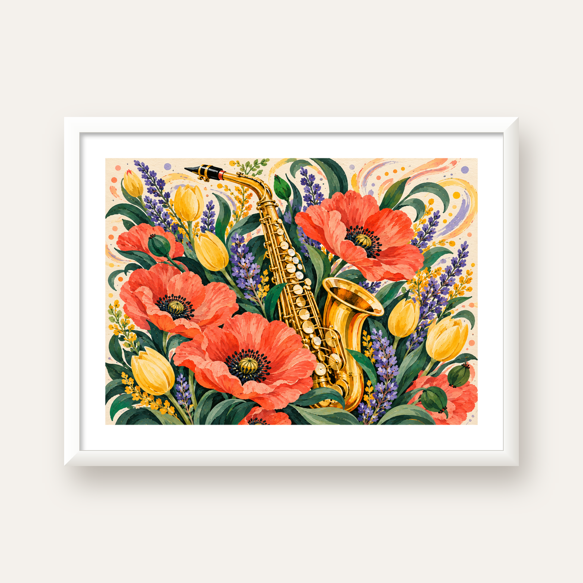 Saksafon ve Çiçekler Suluboya Poster – Renkli Sanat Baskısı — beyaz çerçeveli yatay poster