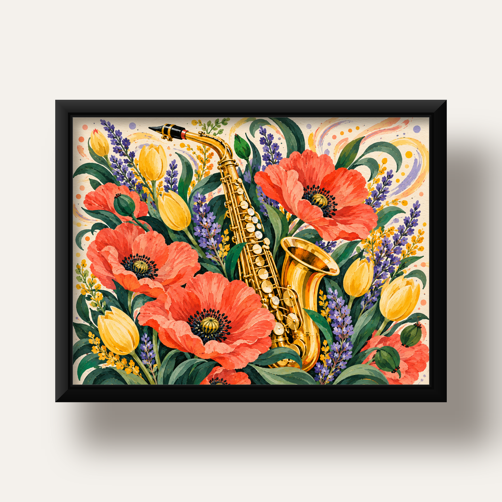 Saksafon ve Çiçekler Suluboya Poster – Renkli Sanat Baskısı — siyah derin çerçeveli