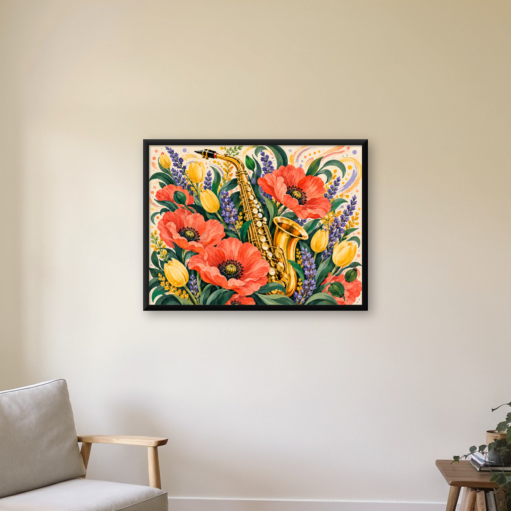 Saksafon ve Çiçekler Suluboya Poster – Renkli Sanat Baskısı — Yatay baskı, çerçeveli hâliyle bir ev duvarında