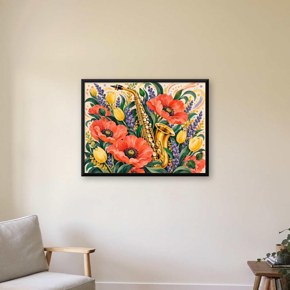 Saksafon ve Çiçekler Suluboya Poster – Renkli Sanat Baskısı — Yatay baskı, çerçeveli hâliyle bir ev duvarında