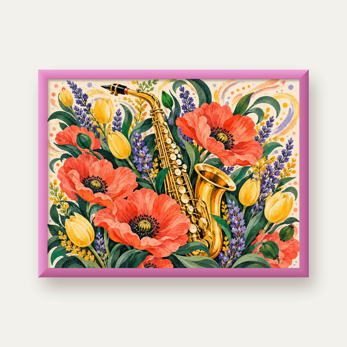 Saksafon ve Çiçekler Suluboya Poster – Renkli Sanat Baskısı — pembe çerçeveli