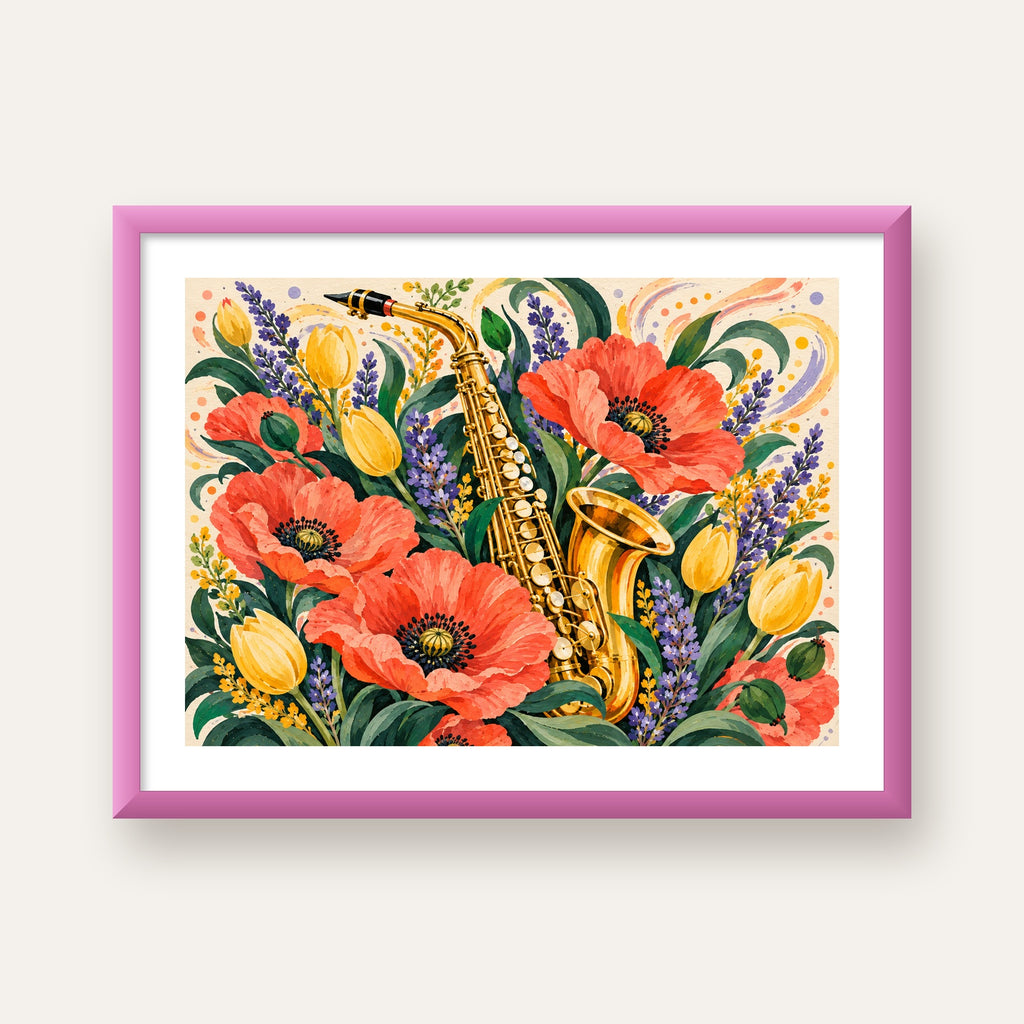 Saksafon ve Çiçekler Suluboya Poster – Renkli Sanat Baskısı — pembe çerçeveli paspartulu